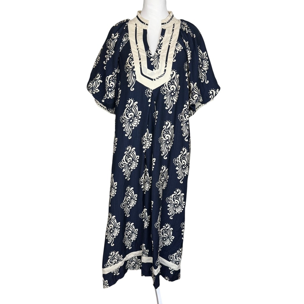 Umgee Navy Blue Cream Paisley Kaftan Maxi Dress Puff Sleeve Medium Boho Split V